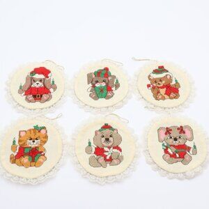 6 Vintage Christmas Ornaments Handmade Cross Stitch Lace Dog Cat Animals Felt